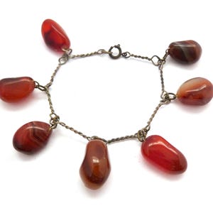 Vintage Carnelian Agate Gemstone Charm Drop Style Scottish Mid Century Shabby Chic Bracelet, 40s 50s Jewellery
