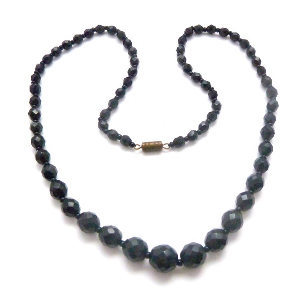 Vintage French Jet Matinee Length Graduated Black Glass Beaded Necklace, 50s 60s Jewellery