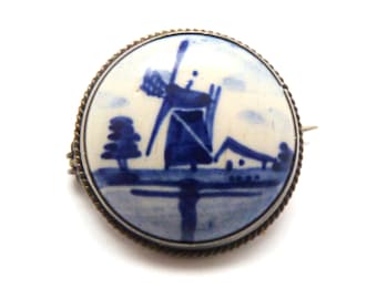 Broche vintage 835 prata continental Delft Pottery Windmill Design Pin, joias dos anos 50 e 60