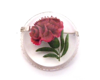 Vintage Large Reverse Carved Clear Lucite Carnation Flower Design Brooch, 40s 50s Jewellery
