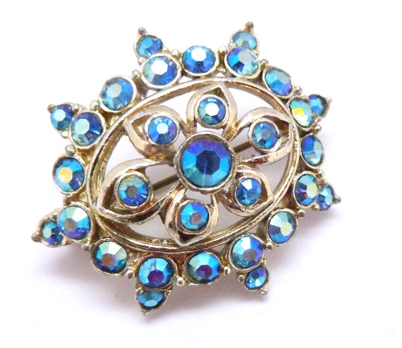 50s 60s Jewellery Vintage Brooch Large Aurora Borealis Rhinestone Set Abstract Floral Design Pin