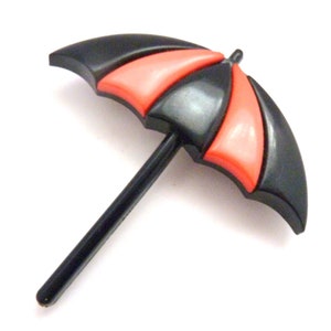 May include: A black and red umbrella with a black handle. The umbrella is made of plastic and has a simple design.