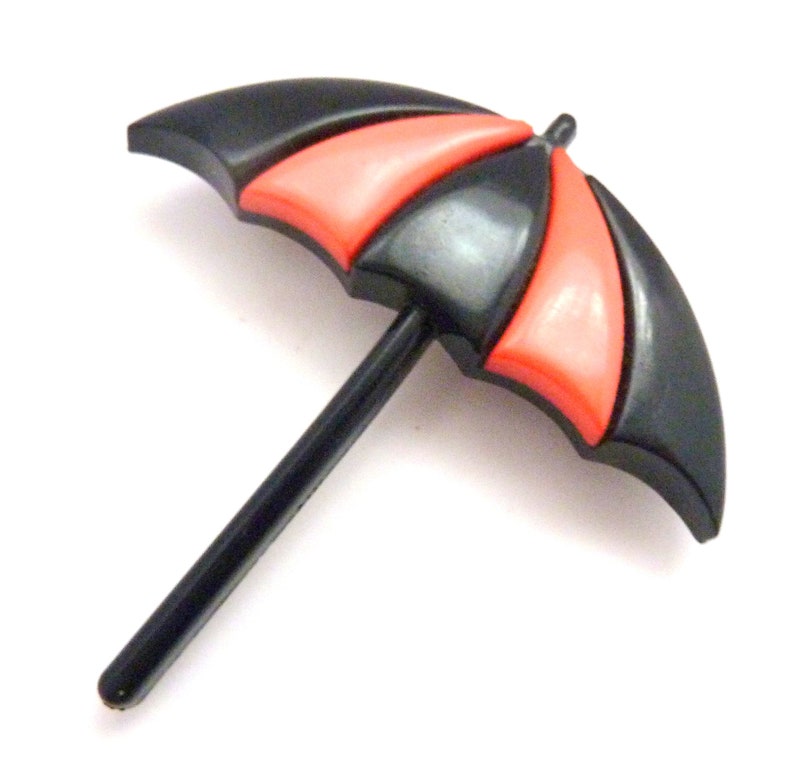 May include: A black and red umbrella with a black handle. The umbrella is made of plastic and has a simple design.