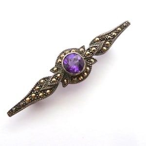 Vintage Small Art Deco Revival Style  Style Sterling Silver Marcasite And amethyst Set Bar Style Brooch, 80s 90s Jewellery