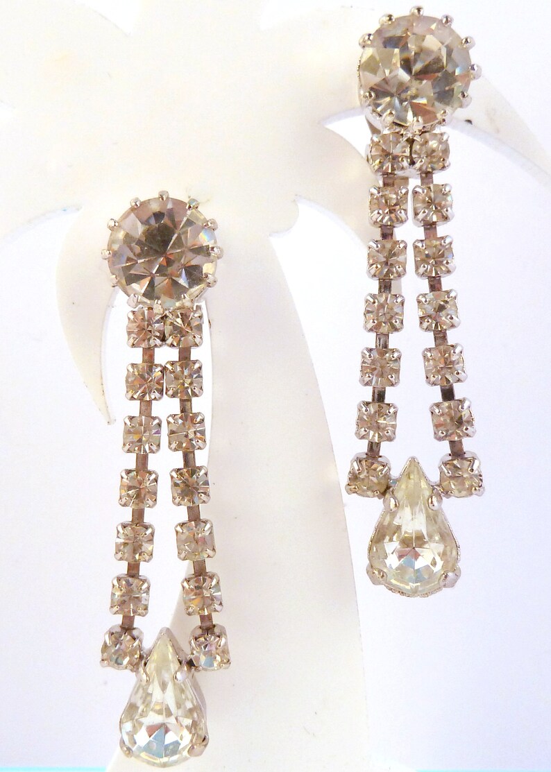80/'s Earrings Rhinestone Earrings Vintage Art Deco Revival Style Rhinestone Drop Clip On Earrings