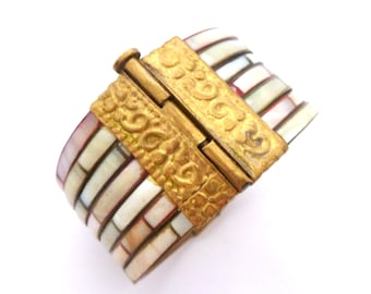 Vintage Chunky Mother Of Pearl And Brass Retro Boho Design Bangle, 70s 80s Jewellery