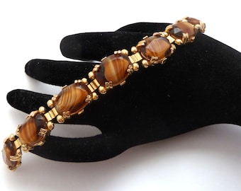 Vintage Marbled Toffee Coloured  Porphyry Art Glass Panel Design Bracelet, 60s 70s Jewellery