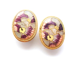 Pendientes vintage de forma ovalada con diseño de hoja abstracta de esmalte Cloisonne grande, joyería de los años 80 y 90.