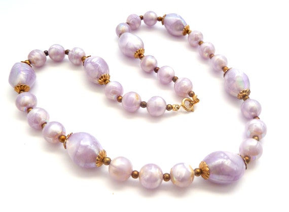 Vintage Necklace, Marbled Pastel Lilac Purple Luc… - image 1