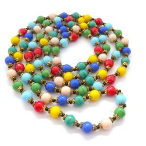 Vintage Long Rope Length Art Deco Era Czech Design Harlequin Glass Beaded Flapper Style Necklace, 30s 40s jewellery.