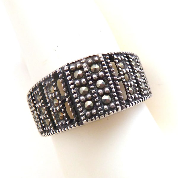 Vintage Art Deco Revival Style  Sterling Silver And Marcasite Geometric Design Statement Ring UK Size S 1/2, US Size 9 1/2,  80s Jewelelry.