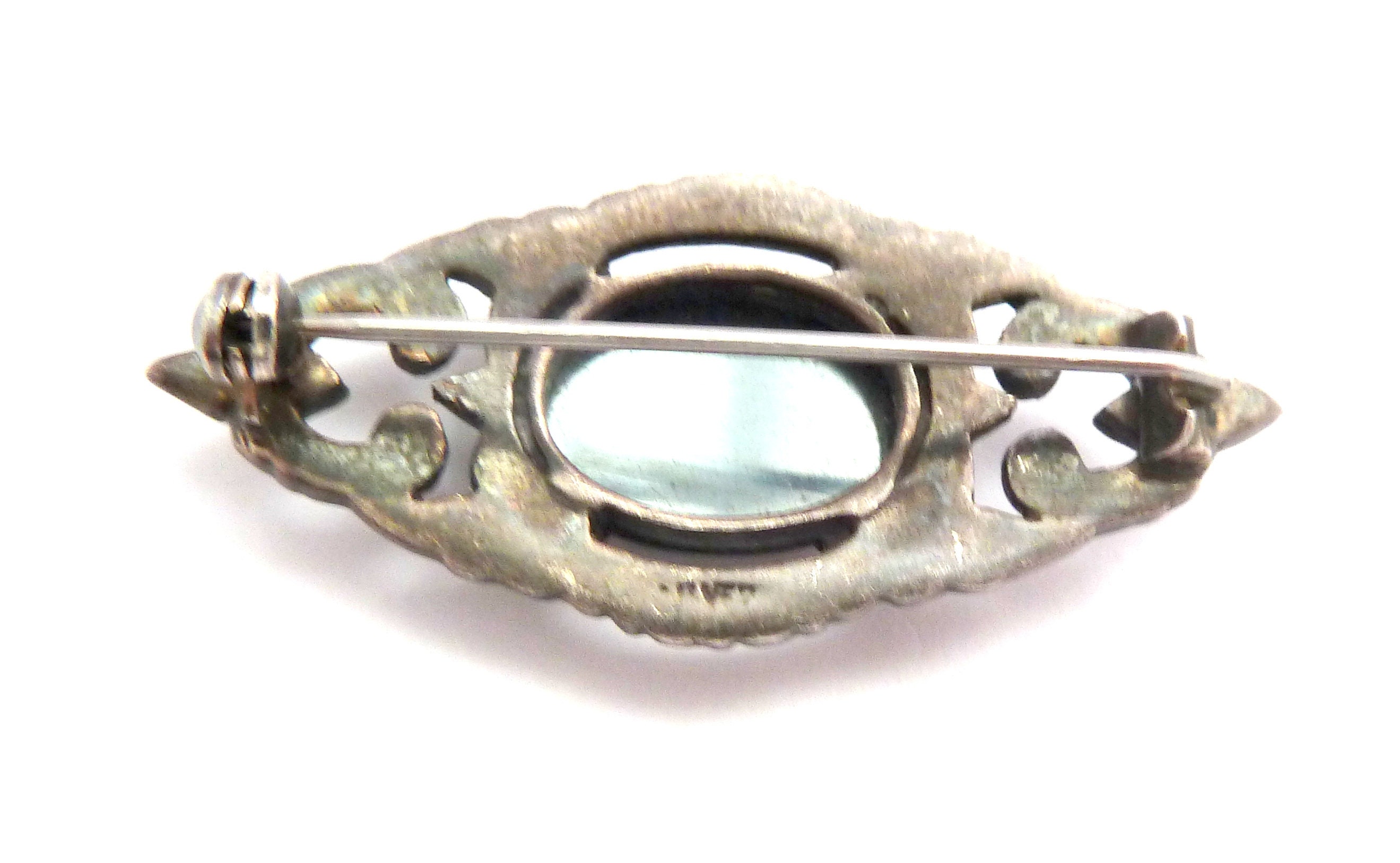 Broche Art Déco Vintage En Marcassite Et Onyx - Argenté - Année 1864 - Bijou Ancien