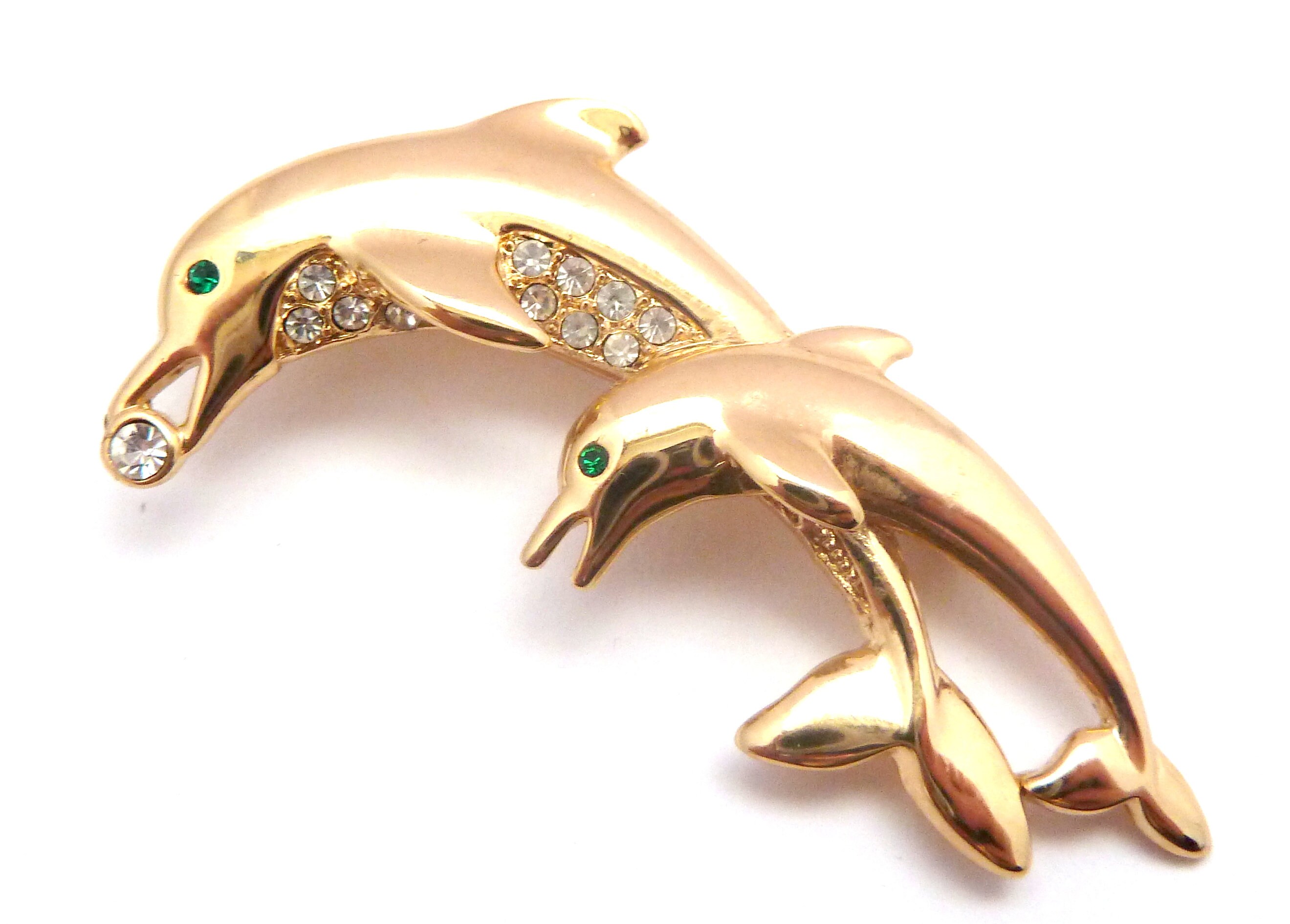 Vintage Brooch, Rhinestone Detailed Double Dolphin Design Vintage Brooch, Rhinestone Detailed Double Dolphin Design