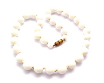 Vintage White Milk Glass Beaded Hand Knotted Choker Necklace, 50s 60s Jewellery