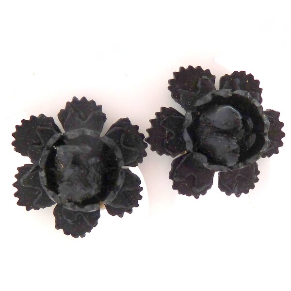 Vintage Black Celluloid Floral Design Clip On Earrings, 50s Jewellery.