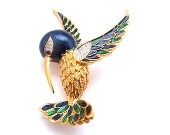 Pins Vintage Colibri Signé SI, Cristaux Et Métal Doré, Couleur Miel, #J9