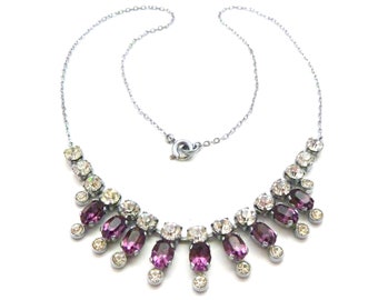 Vintage Amethyst Purple And Clear Rhinestone Set Art Deco Style Choker Necklace, 50s Jewellery. Poss Czech