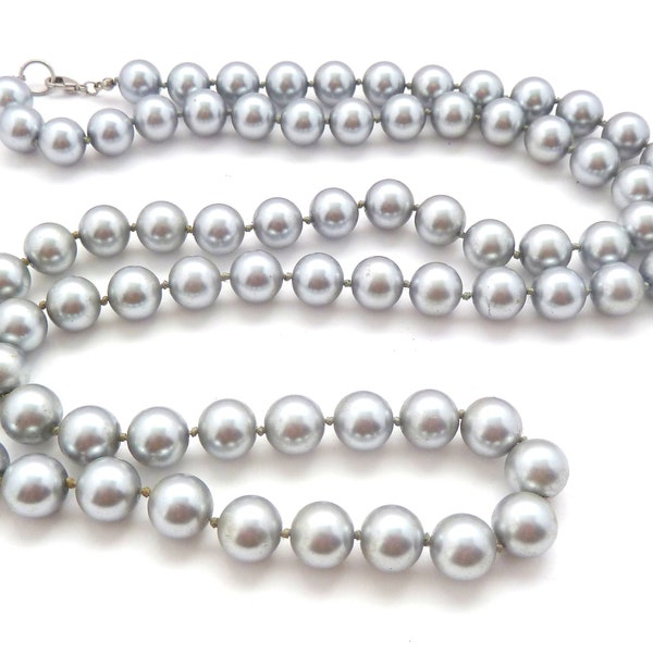 Chunky Faux Pearlised Metallic Beaded Single Strand Long Necklace, 90s Jewellery