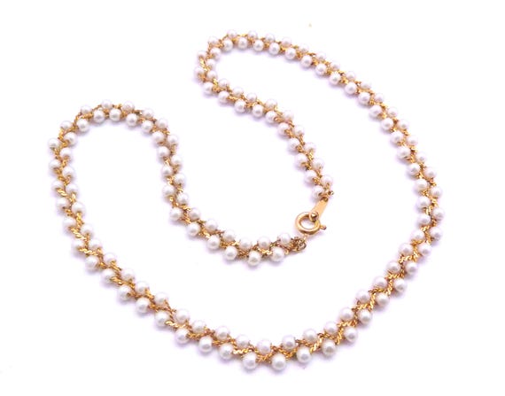 真珠 チョーカー ネックレス 純金 18K　フィリピン パラワン島 ヴィンテージ織りデザインのフェイクパールビーズの上品なチョーカー