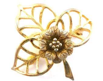 Vintage Textured Flower And Leaf Brooch, 70s Jewellery.