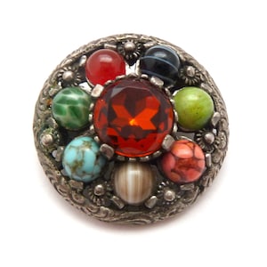 Vintage Small Miracle Scottish Shield Design Faux Gemstone Set Celtic Design Brooch, 60s 70s Jewellery.