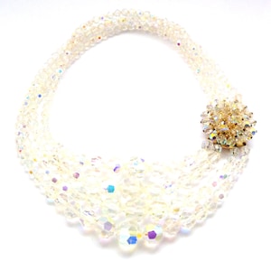 Vintage Four Stranded Aurora Borealis Adjustable Length Choker Necklace With Large Abstract Floral Detailed Side Clasp, 50s 60s Jewellery.