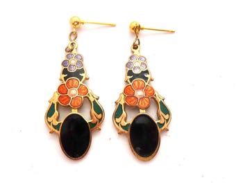 Pendientes vintage con diseño floral en forma de gota de esmalte cloisonné, joyería de los años 80 y 90.