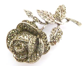 Vintage Marcasite Set Rose Flower Design Brooch, 50s Jewellery.