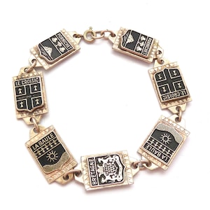 Vintage French Souvenir Design Black Enamel Detailed Panel Design Bracelet, 50s 60s Jewellery