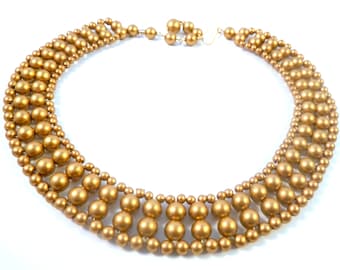 Vintage Collar Necklace, Bronze Beaded Choker, 70s 80s Jewellery.