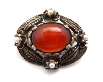 Vintage Brooch, Small Miracle Carnelian And Faux Pearl Foliate Design Pin, 50s 60s Jewellery,