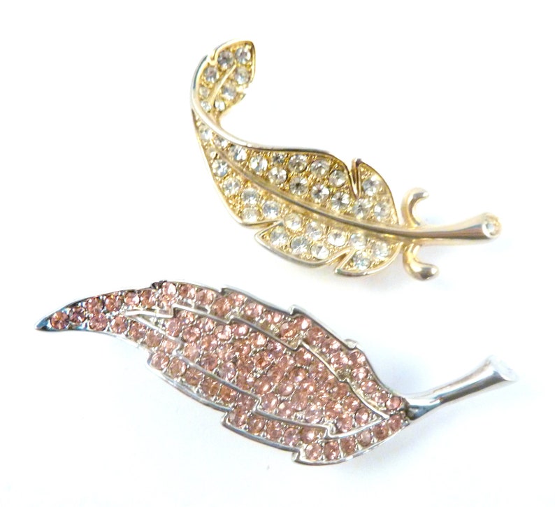 Set Of Two Pink And White Rhinestone Leaf Style Brooches. Statement Vintage Rhinestone Leaf Pins