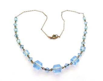 Vintage Art Deco Era Blue Glass Beaded Choker Necklace, 30s 40s Jewellery.
