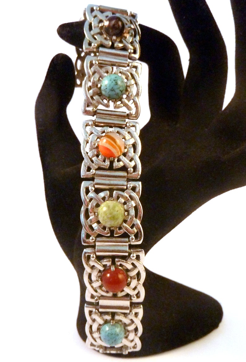 Chunky Celtic Knot Work Faux Gemstone Panel Bracelet Vintage Celtic Bracelet