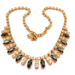 Vintage Rhinestone Choker Necklace: Blue & Clear Geometric Fringe, 70s-80s