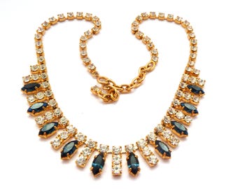 Vintage Rhinestone Choker Necklace: Blue & Clear Geometric Fringe, 70s-80s