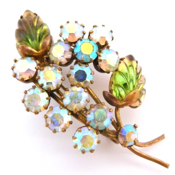 Vintage Brooch Aurora Borealis Rhinestone And Green Pressed Glass Leaf Modernist Design Floral Pin, 50s 60s Jewellery