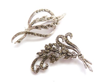 Two Vintage Marcasite Set Flower And Leaf Design Brooches, 60s 70s Jewellery