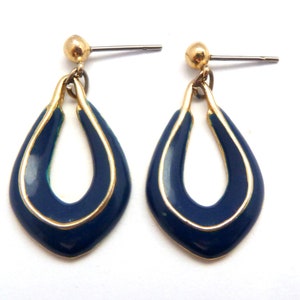 Vintage Small Blue Enamel Teardrop Drop Design Earrings, 80s Jewellery
