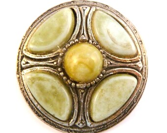 Vintage Brooch, Faux Green Connemara Scottish Shield Celtic Design Pin, 70s Jewellery.