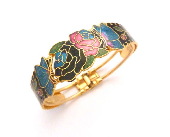 Vintage Bangle Cloisonne Enamel Butterfly And Flower Design Hinged Bracelet, 80s 90s Jewellery