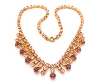 Vintage Amethyst And Lilac Rhinestone Set Fringe Detailed Statement Design Choker Necklace, 50s Jewellery