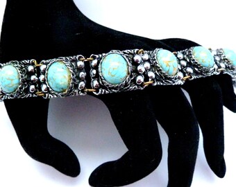 Vintage Boho Style Faux Turquoise Cabochon Set Panel Design Bracelet, 70s 80s Jewellery