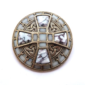 Vintage Large Miracle Celtic Scottish Style Shield Raised Cross Design Brooch With Faux Agate Detailing, 80s Jewellery.