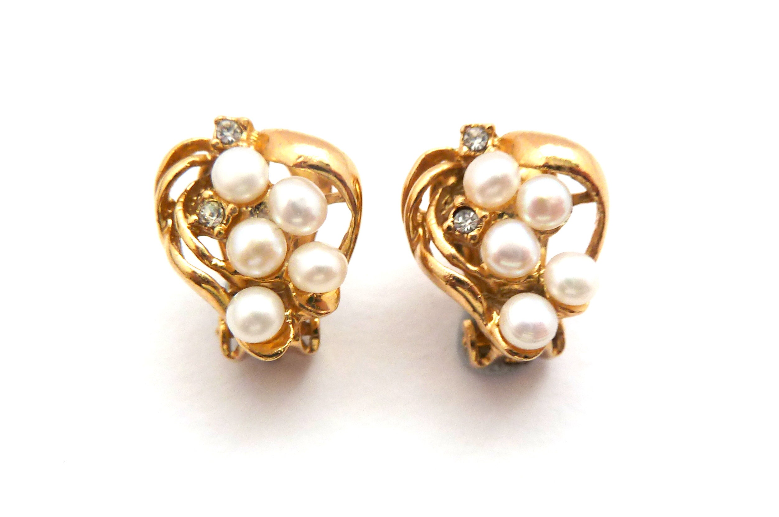 14Kゴールド Vintage Small and Dainty Cultured Pearl and Rhinestone Abstract