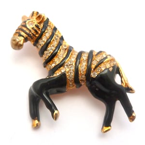 Vintage Brooch, Rhinestone And Enamel Zebra Design Pin, 80s Jewellery