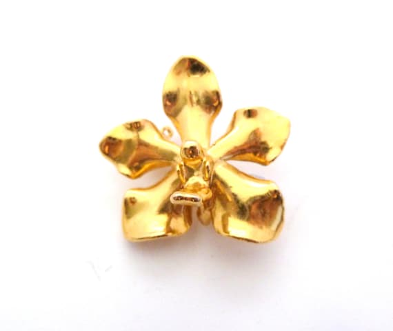 Broche Vintage Fleur Orchidée Dorée à L'or Fin - Strass Vert - Années 80 - Occasion