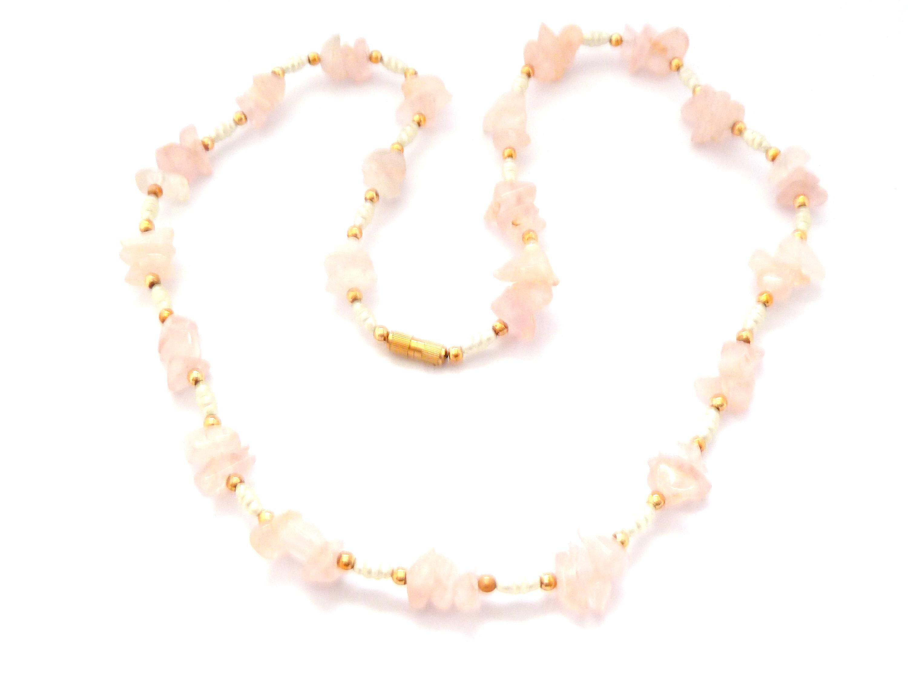 Vintage Rose Quartz Gemstone Chip and Faux Pearl Beaded Necklace