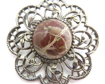 Vintage Scottish Brooch, Gemstone Set Flilgree Floral Design Pin, 70s Jewellery