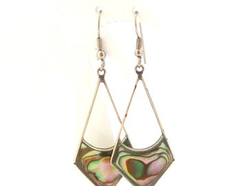 Vintage Abalone Shell And Alpaca Silver Geometric Shaped Drop Design Earrings,  80s 90s Jewellery